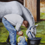 Checking horse's hooves, father and son Child learns from dad